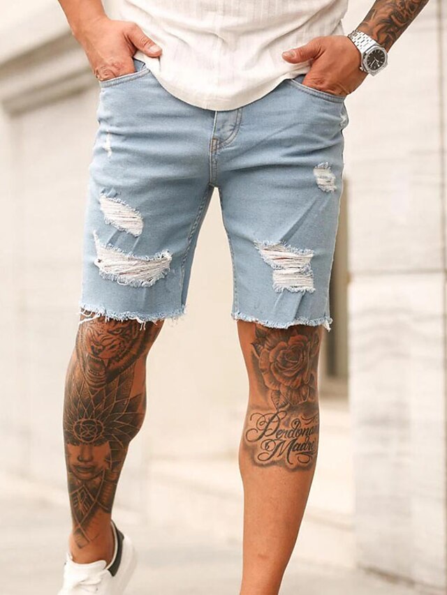 Men's Jeans Denim Shorts Jean Shorts Pocket Ripped Straight Leg Solid