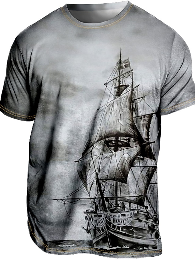  Herre T-shirt T-Shirts Grafisk Skib Rund hals Tøj 3D-udskrivning udendørs Afslappet Kortærmet Trykt mønster Årgang Mode Designer