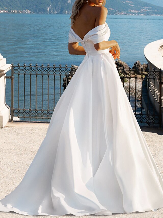 Reception Little White Dresses Wedding Dresses A-Line Off Shoulder Cap Sleeve Asymmetrical Organza Bridal Gowns With Solid Color main image 0