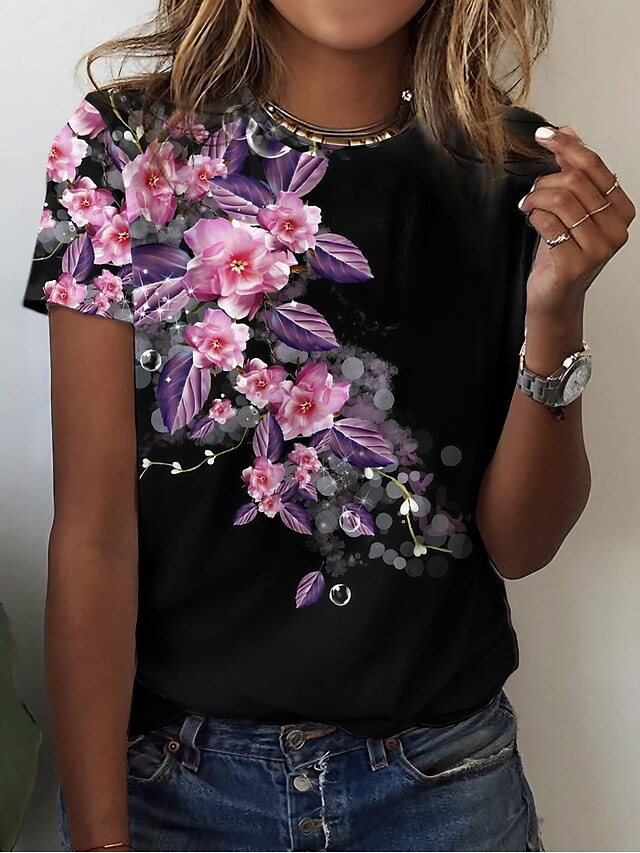 Women's T shirt Tee Floral Print Holiday Weekend Basic Short Sleeve ...