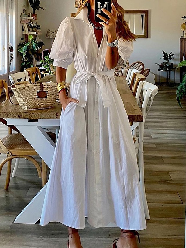  Women's Shirt Dress Casual Dress Outdoor Daily Vacation Maxi long Dress Fashion Casual Polyester Lace up Ruched Shirt Collar Summer Spring Fall Half Sleeve Regular Fit 2023 Black White Plain S M L XL