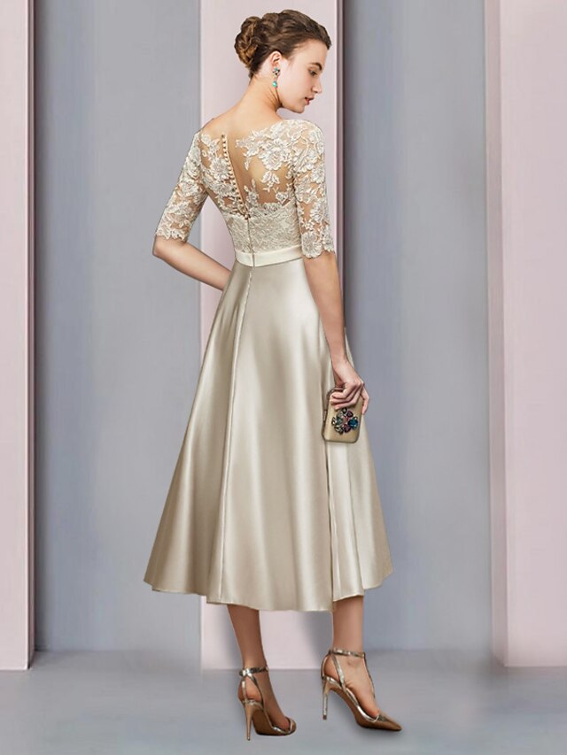 A-Line Mother of the Bride Dress Party Elegant Scoop Neck Tea Length Satin Lace Half Sleeve with Bow(s) main image 1