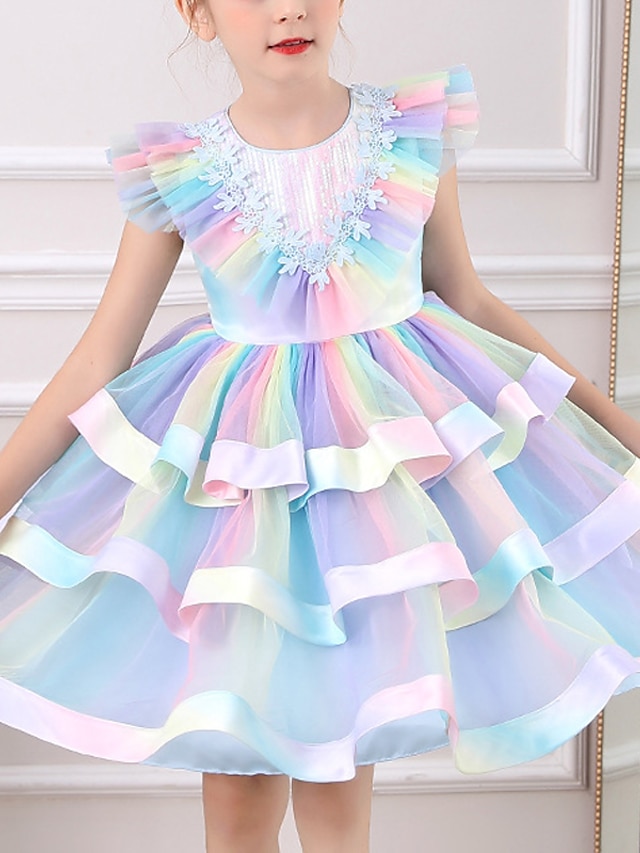  Princess Short / Mini Flower Girl Dress Quinceanera Rainbow Unicorn Girls Cute Prom Dress Lace with Petal Tiered Tutu Fit 3-16 Years
