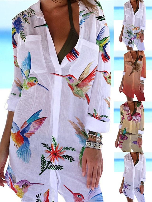  Pentru femei Rochii Tip Cămașă Șal Îmbrăcăminte de plajă Rochie Mini Buzunar Imprimeu Modă Casual Floral Răsfrânt Lungime Manșon 3/4 Potrivire Largă În aer liber Zilnic Alb Galben 2023 Vară Primăvară