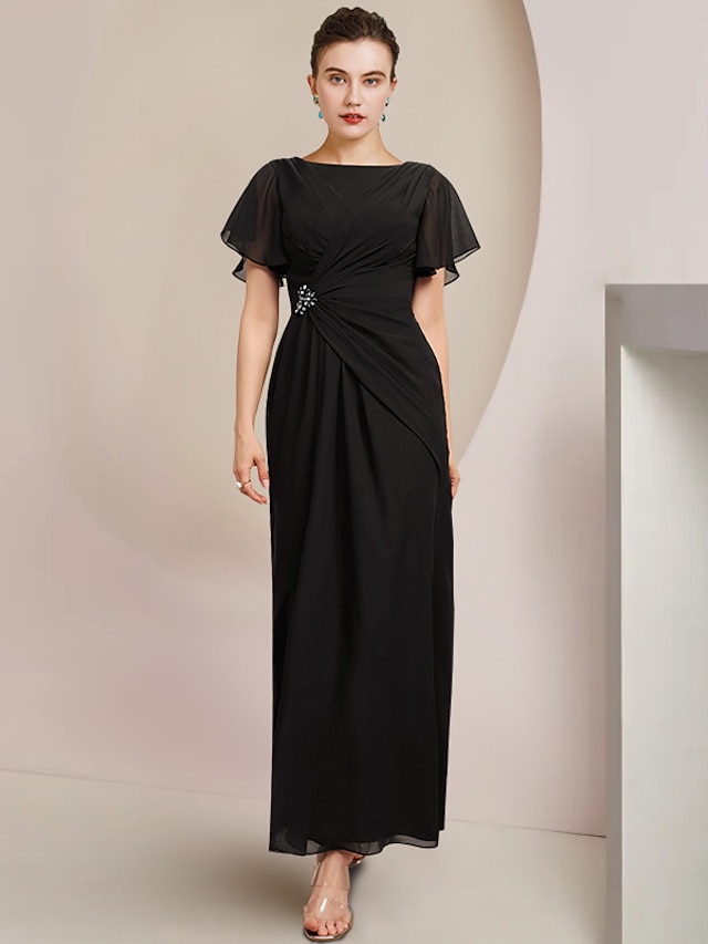 Sheath / Column Mother of the Bride Dress Wedding Guest Elegant Scoop Neck Ankle Length Chiffon Short Sleeve with Crystal Brooch Side-Draped 2024