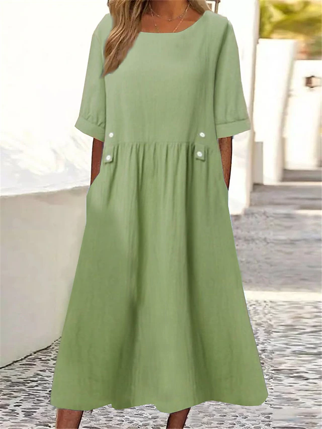 Women's Smock Dress Midi Dress Cotton Linen Ruched Ruffle Trim Solid ...