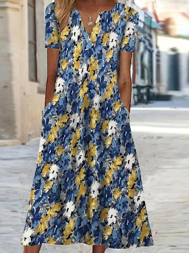 Women's Midi Dress Shift Dress Floral Pocket Print V Neck Vacation ...