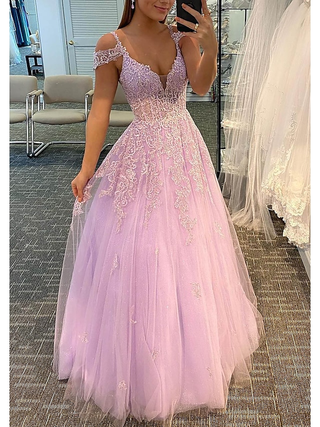  A-Line Prom Dresses Empire Dress Formal Wedding Guest Floor Length Sleeveless V Neck Tulle Backless with Pleats Appliques 2024