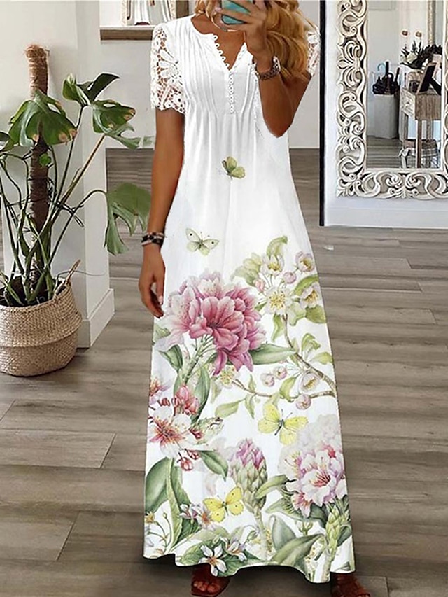  Women's Maxi long Dress Casual Dress A Line Dress Summer Dress Floral Butterfly Modern Casual Outdoor Daily Going out Lace Print Short Sleeve V Neck Dress Loose Fit Black White Yellow Summer Spring S