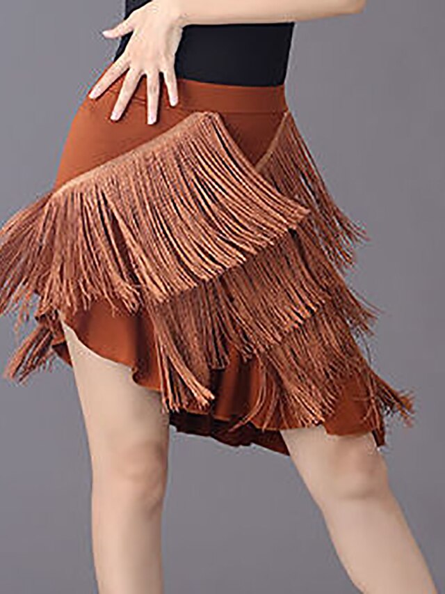  Latin Dance Ballroom Dance Skirts Tassel Ruching Pure Color Women's Performance Training High Polyester