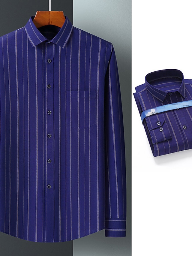 Men's Dress Shirt Lapel Fall Spring Long Sleeve Navy Blue Blue Light Purple Stripes Going out