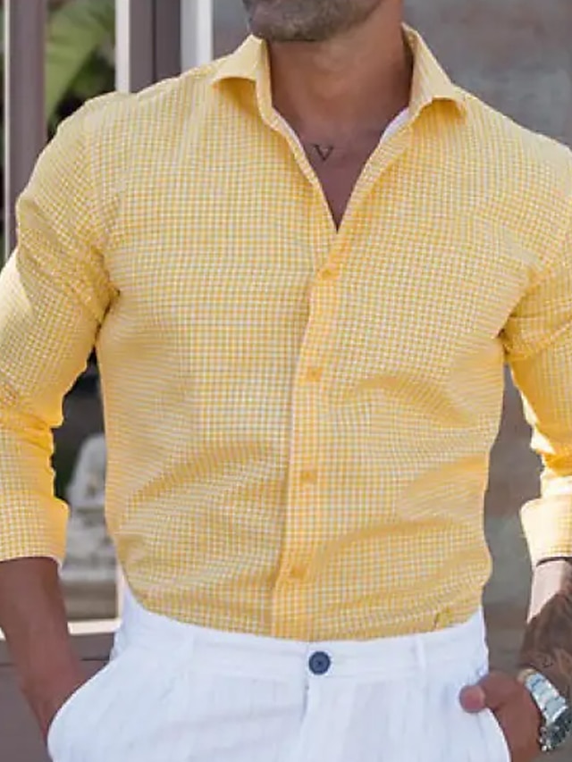  Men's Shirt Button Up Shirt Casual Shirt Yellow Long Sleeve Lattice Turndown Street Daily Print Clothing Apparel Fashion Casual Comfortable