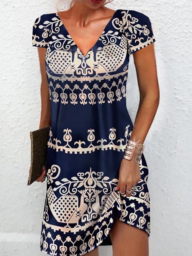  Damen Casual kleid Ethnisches Kleid Minikleid Schwarz Blau Kurzarm Bedruckt Bedruckt Frühling Sommer V Ausschnitt Casual 2023 S M L XL XXL 3XL