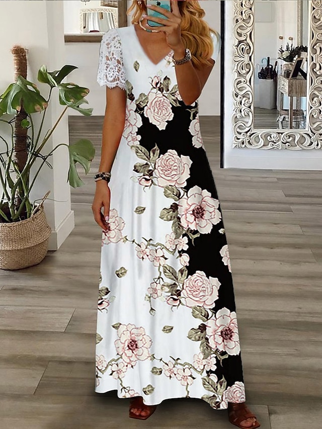  Women's Casual Dress A Line Dress Floral Lace Print V Neck Maxi long Dress Daily Vacation Short Sleeve Summer Spring