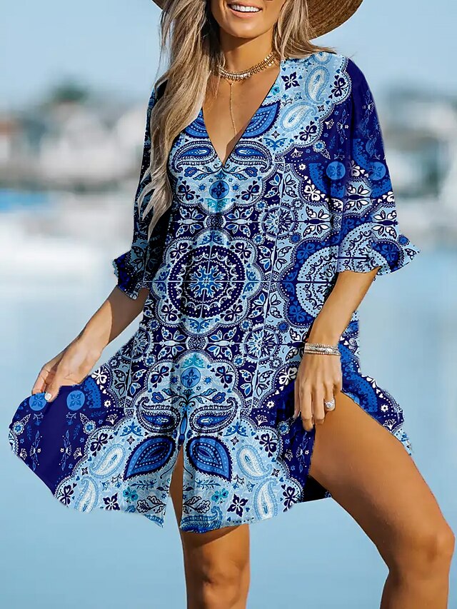 Women's Cover Up Beach Dress Beach Wear Mini Dress Print Fashion Casual