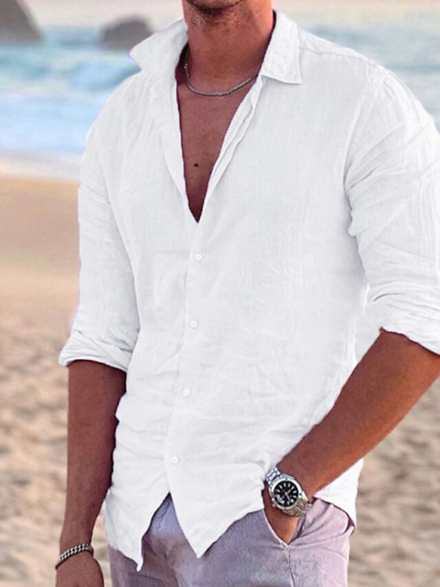 Men's Linen Shirt Solid Color Turndown Street Casual Button-Down Long ...