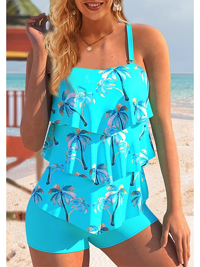 Damskie Stroje kąpielowe Tankini 2 szt Puszysta Kostium kąpielowy Drukowanie Kwiatowy Czarny