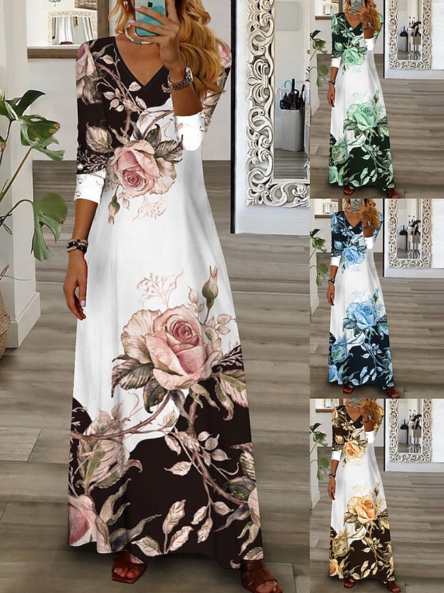  Női hétköznapi ruha A vonalú ruha Virágos Nyomtatott V-alakú Maxi hosszú ruha Napi Vakáció Háromnegyedes Nyár Tavasz