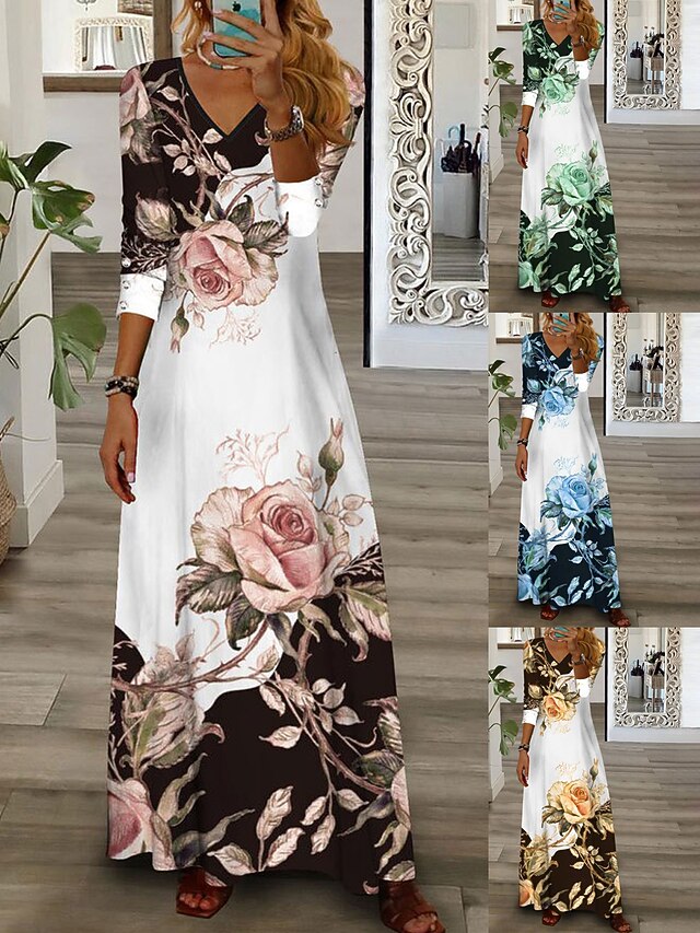 Women's Maxi Dress Casual Dress Floral Print V Neck Maxi long Dress Casual Daily Vacation 3/4 Length Sleeve Summer Spring 6