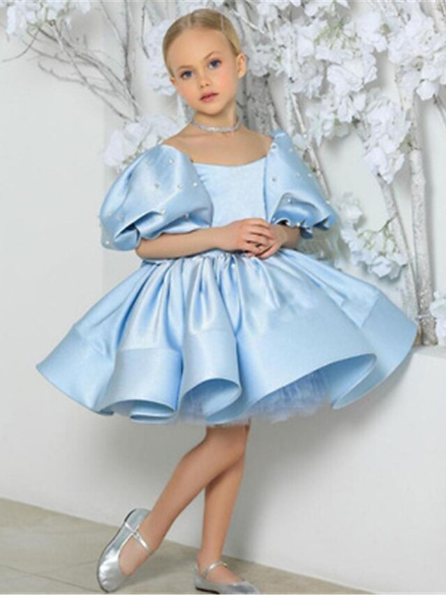 Kids Girls' Dress Solid Colored Short Sleeve Wedding Party Ruched Mesh ...