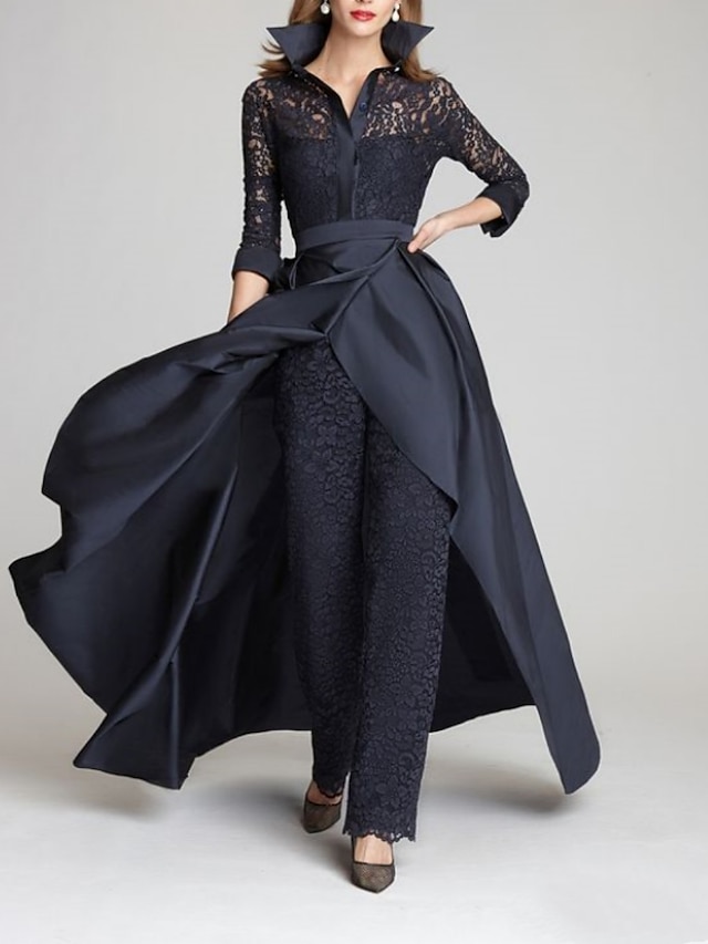  Jumpsuit / Pantsuit Mother of the Bride Dress Formal Wedding Guest Vintage Party Shirt Collar Floor Length Satin Lace 3/4 Length Sleeve with Ruching 2024