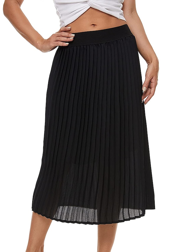  Women's Skirt Midi Pleated Chiffon Long Skirt Cotton Lined Casual Black White Pink Skirts Summer S M L