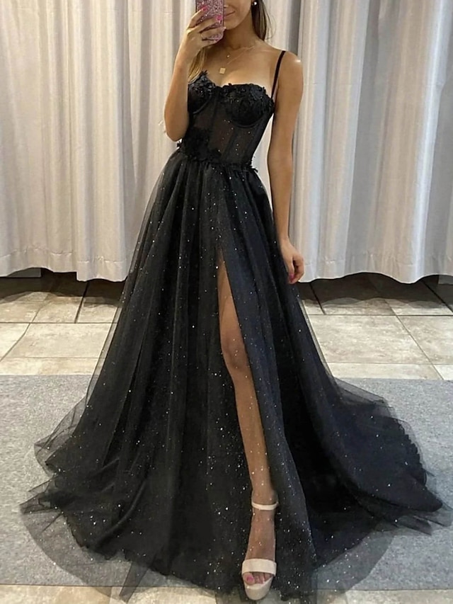  a-line balklänningar glitter svart klänning bröllopsklänningar formell gotisk klänning golvlängd ärmlös sweetheart spaghetti tyll med slits 2024