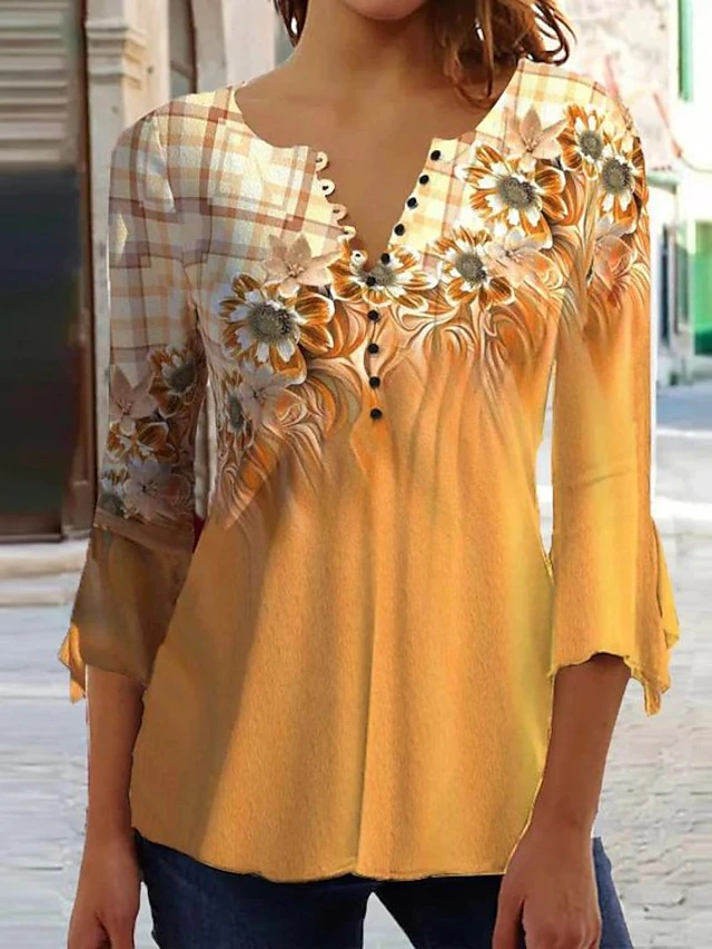 Women's T Shirt Basic Floral Buttons Print 3/4 Length Sleeve Regular Tops Round Neck Casual Weekend White Yellow3