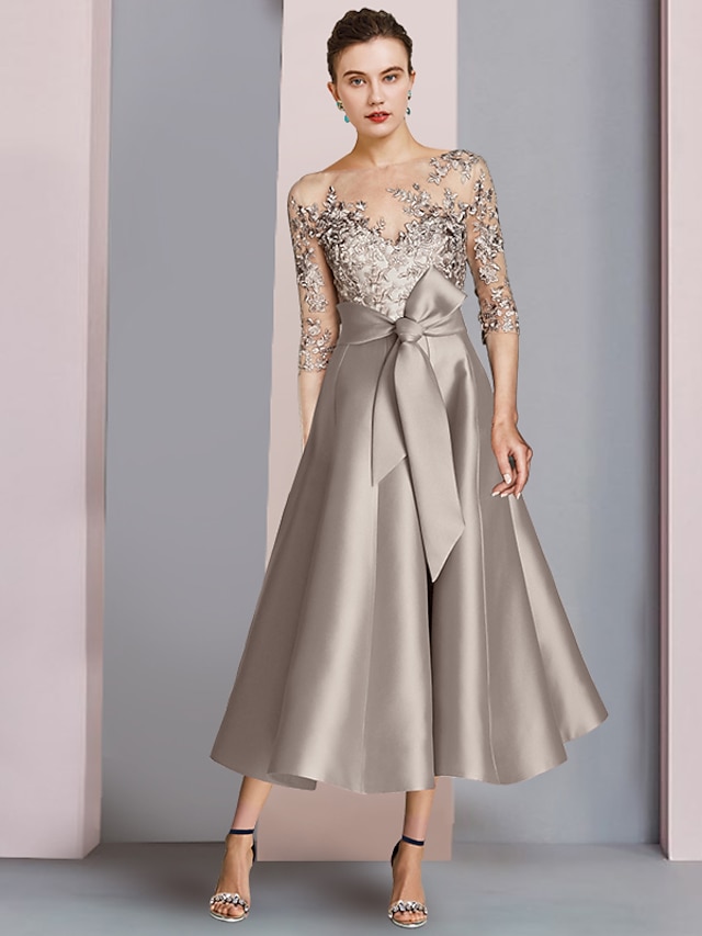  A-Line Mother of the Bride Dress Wedding Guest Elegant Party Scoop Neck Tea Length Satin Lace Half Sleeve with Bow(s) Appliques 2024