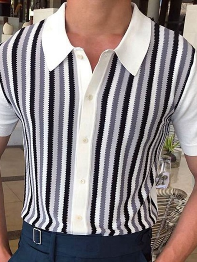 Men's Knit Polo Shirt Short Sleeve Striped Button Down Retro Knitwear Top main image 0
