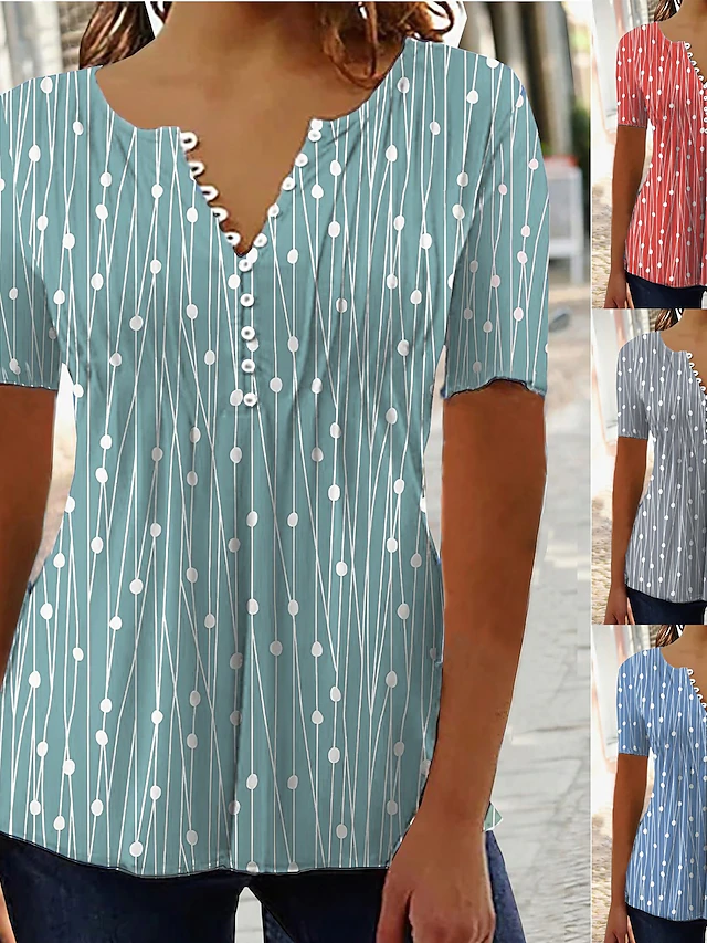 Women's T Shirt Henley Blouse Tunic Basic Casual Patchwork Buttons Print Short Sleeve Regular Tops V Neck Casual Red Blue Green Gray 6