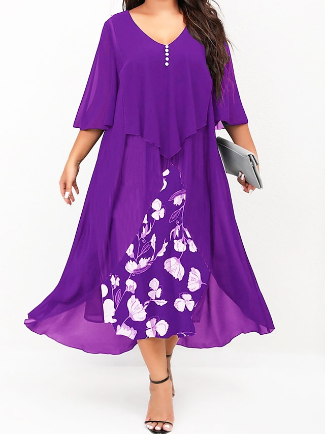  Women's Plus Size Casual Dress Chiffon Dress Swing Dress Floral Midi Dress Half Sleeve Fake two piece Print V Neck Fashion Daily Blue Purple Summer Spring L XL XXL 3XL 4XL