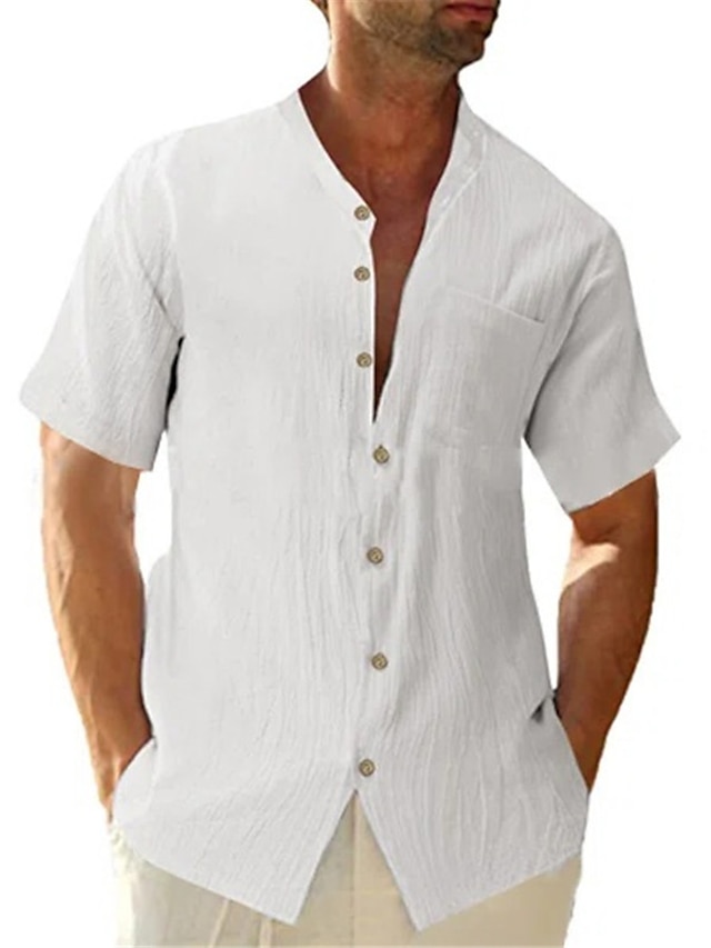 Homens Camisa de linho de algodão Camisa de algodão branco camisa de verão camisa de praia Branco Azul Cinzento Manga Curta Tecido Colarinho Verão Casual Diário Roupa Bolso frontal