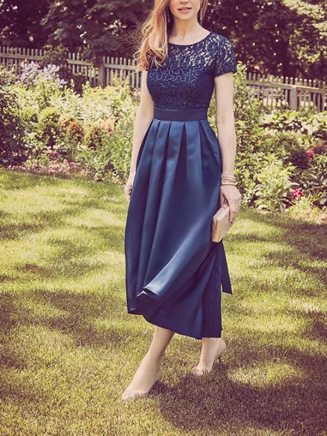 A-Line Mother of the Bride Dress Party Elegant Scoop Neck Tea Length Satin Lace Half Sleeve with Bow(s) main image 0