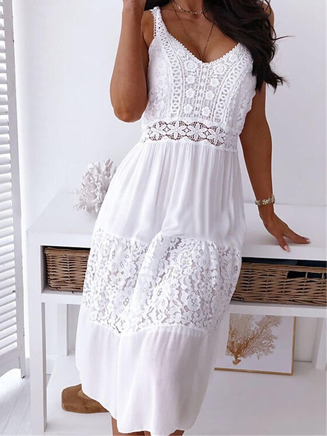 نسائي فستان أبيض سهل بدون ظهر مع حمالة فستان ميدي أساسي مناسب للبس اليومي بدون كم الصيف الربيع
