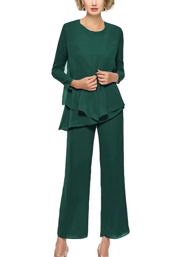  Jumpsuit / Pantsuit 3 Piece Mother of the Bride Dress Wedding Guest Elegant Vintage Scoop Neck Ankle Length Chiffon Long Sleeve Wrap Included with Ruffles Solid Color 2024