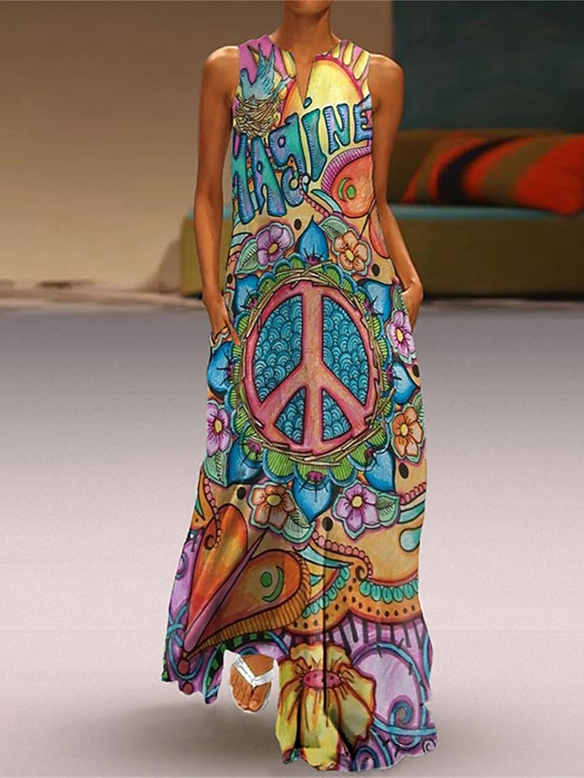  Női Hosszú ruha Maxi ruha hétköznapi ruha nyári ruha Nyomtatott ruha Virágos Mértani MOON Alkalmi Modern Szabadtéri Napi Szabadság Zseb Nyomtatott Ujjatlan V-alakú Ruha Laza öltözet Világossárga
