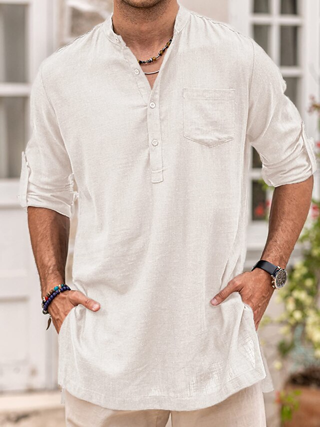 Chemise Coton Lin Pour Homme Élégant Slim Fit Casual Col En V Manche Longue Leger En Coton Lin Été Chemise Henley Shirts De Plage Classique Chemise Africaine Homme