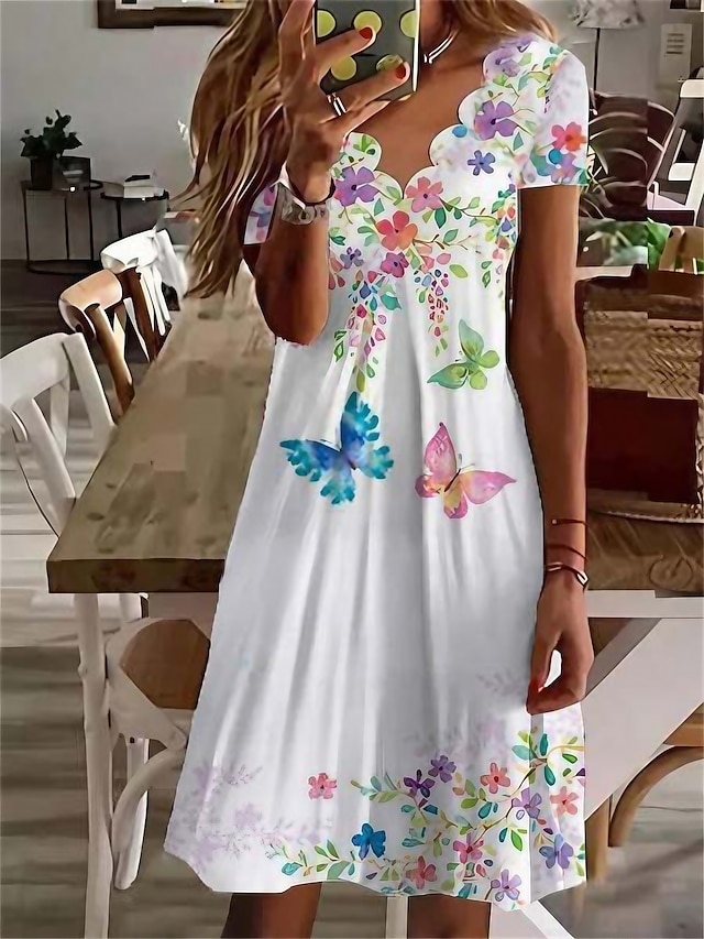  Women's Cotton Floral Butterfly Print Scalloped Neck Mini Dress Daily Vacation Short Sleeve Summer Spring