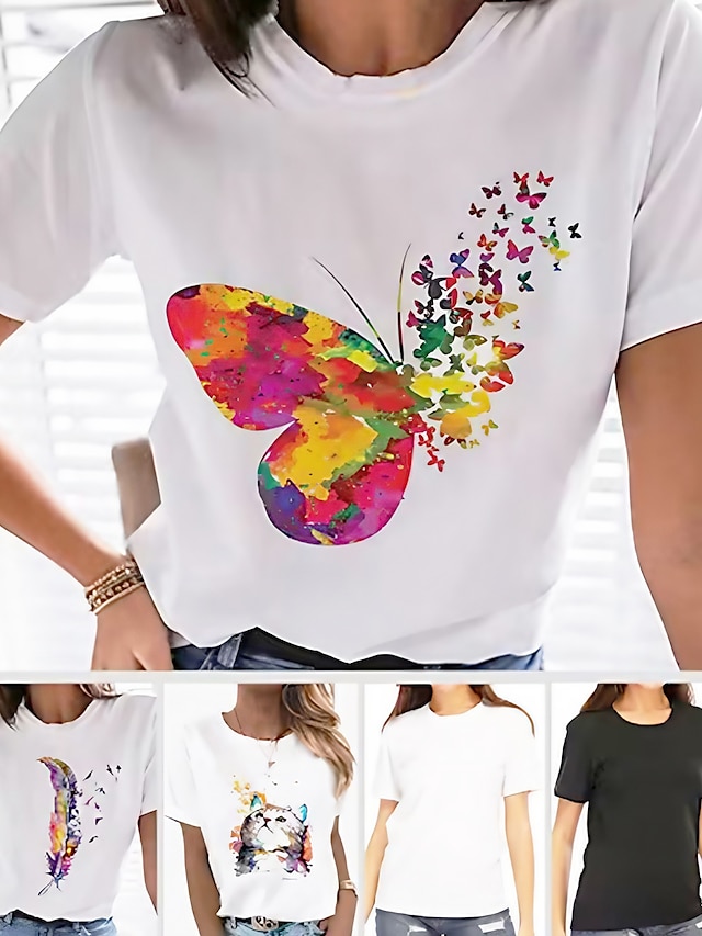  Women's T shirt Tee 100% Cotton Heart Rainbow Butterfly Casual Daily Butterfly Black White Print Short Sleeve Basic Round Neck Regular Fit Summer Spring