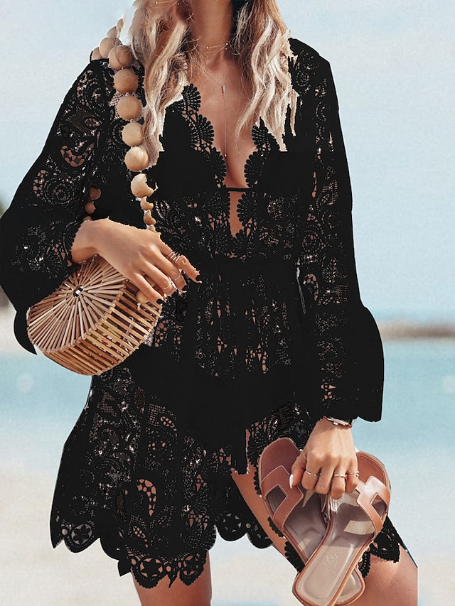  Pentru femei Rochie Mini Rochie albă Rochie de dantela Rochie Boho Șal Modă Casual Boho Manșon Flare cuff În aer liber Vacanță Plajă Potrivire Largă Simplu Manșon Lung În V Negru Alb Vară Primăvară
