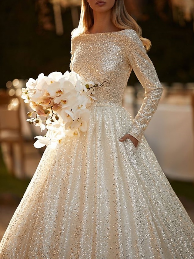  Engagement Sparkle & Shine Formal Wedding Dresses Ball Gown Scoop Neck Long Sleeve Chapel Train Sequined Bridal Gowns With Solid Color 2024
