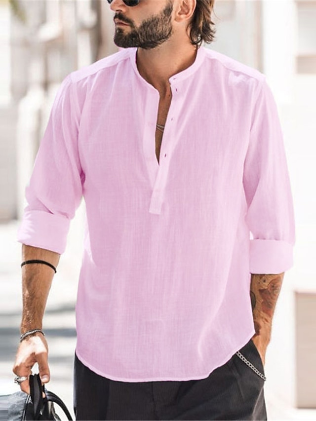 Men's Linen Shirt Shirt Summer Shirt Beach Shirt White Pink Light Sky ...