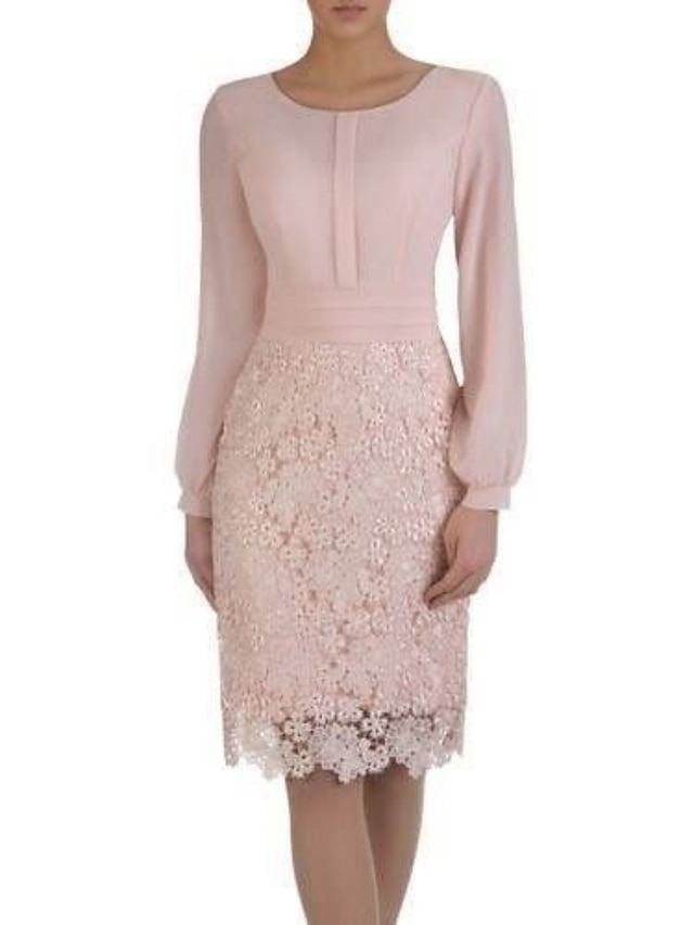  Sheath / Column Mother of the Bride Dress Simple Sweet Scoop Neck Knee Length Lace Stretch Fabric Long Sleeve with Ruching 2024
