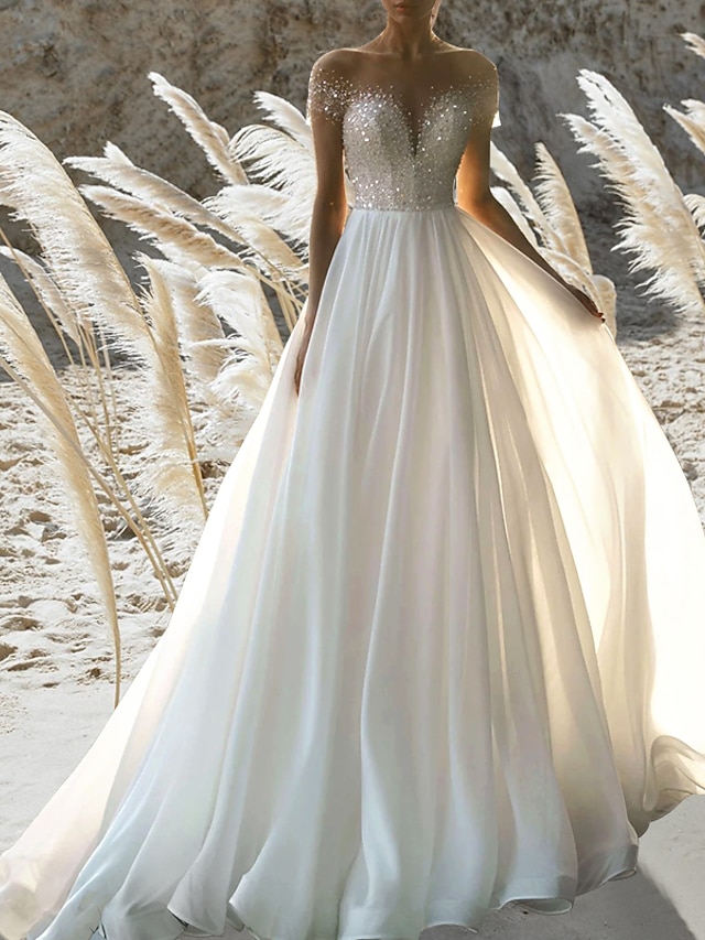  Beach Formal Wedding Dresses A-Line Off Shoulder Short Sleeve Court Train Chiffon Bridal Gowns With Pleats Beading 2024