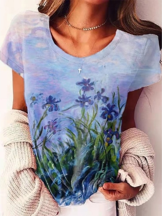  Women's T shirt Tee Blue Purple Green Print Floral Holiday Weekend Short Sleeve Round Neck Basic Regular Floral Painting S