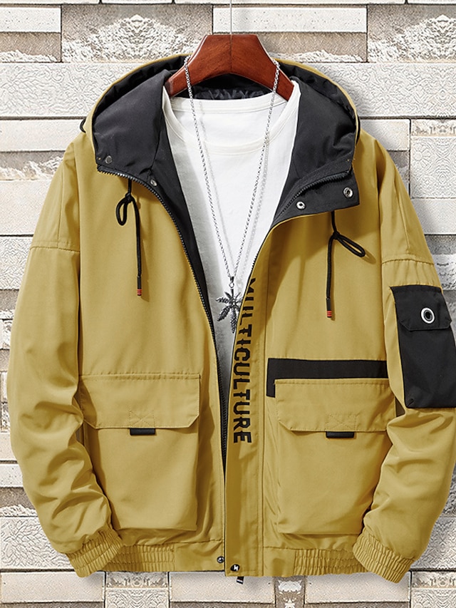  Men's Hoodied Jacket Street Athleisure Daily Fall Spring Coat Holiday Casual Daily Jacket Long Sleeve Patchwork Zipper Pocket Yellow White Black
