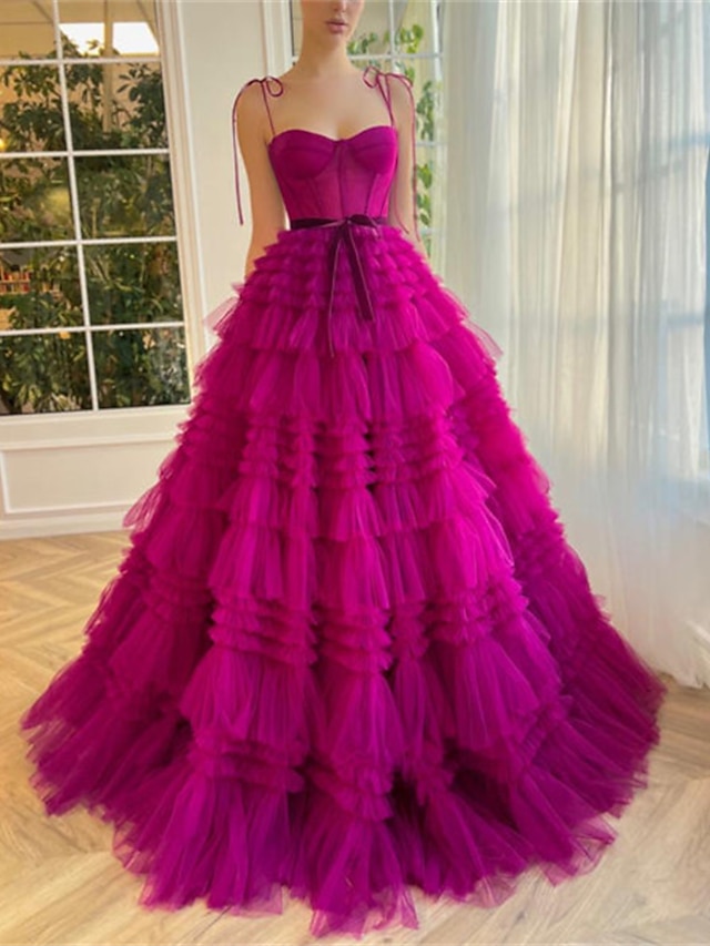  Ball Gown Evening Gown Puffy Dress Wedding Party Birthday Floor Length Sleeveless Spaghetti Strap Tulle with Ruffles Strappy 2024