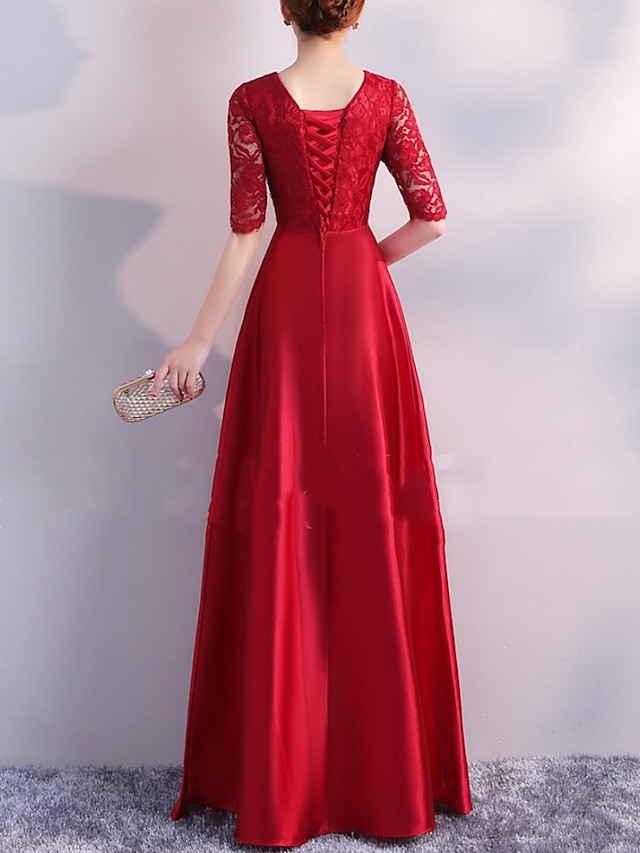 Sheath / Column Mother of the Bride Dress Vintage Party Petite V Neck Floor Length Satin Lace