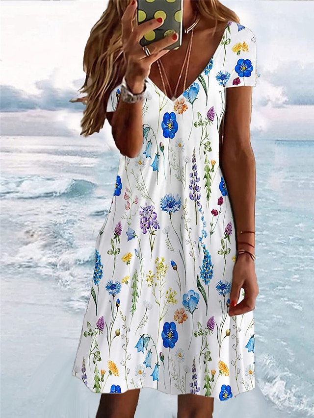 Women's Summer Dress Print Dress Floral Color Block Print V Neck Mini ...